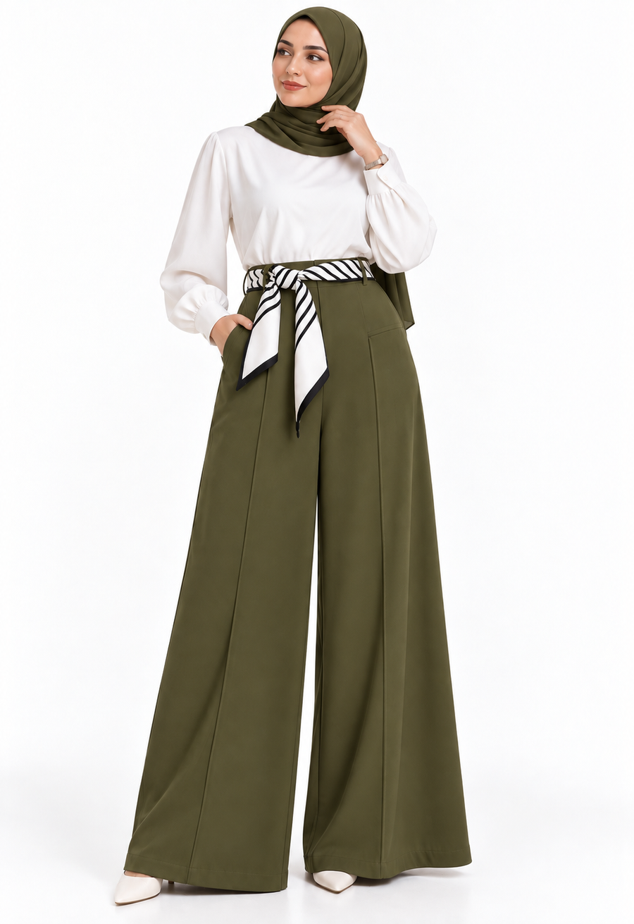 Pantalon Palazzo Élégant avec Ceinture Foulard